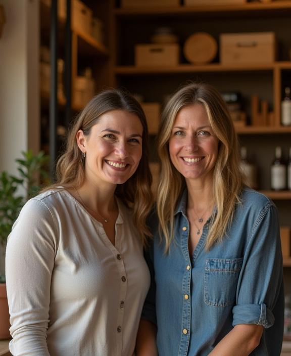 I fondatori di Dispensa Artigiana sorridono all'interno del loro negozio a Firenze.